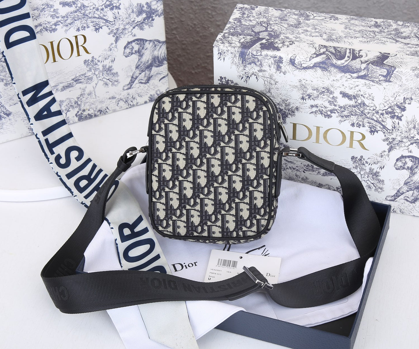 Dior Messenger Bag – Black Oblique Canvas with Black Pebbled Leather | Tiger Edition Gift Box