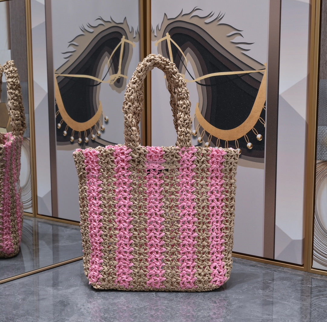 Handwoven Raffia Fiber Mini Colorblock Tote – Style 1845