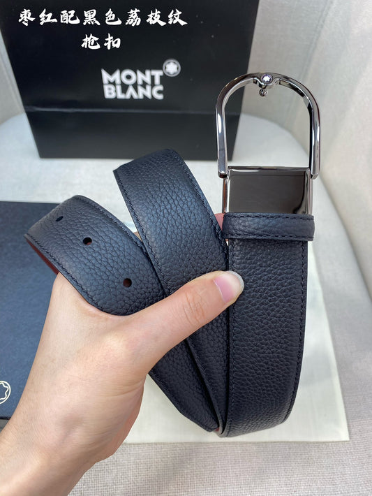 Montblanc Belt – Full-Grain Leather with Embossed Design & Steel Buckle