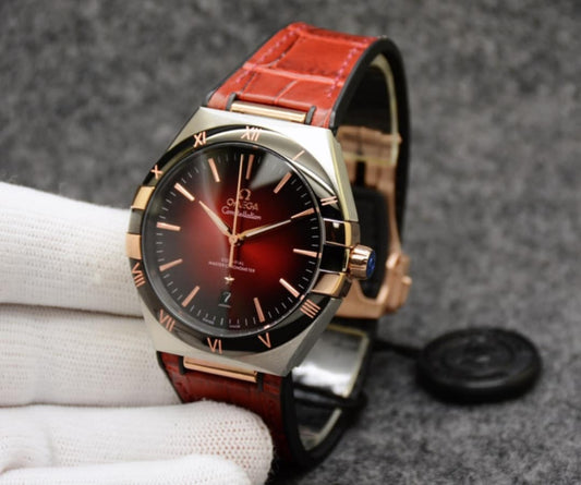 Omega Maroon Leather Strap Watch with Elegant Silver Background