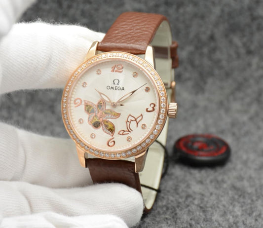 Omega Women's Watch with Brown Leather & Diamond Accents