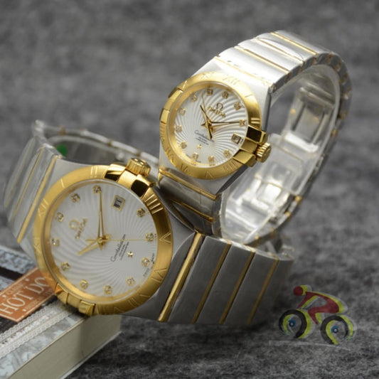 Couple Watch Set in Solid Silver with Golden Round Dial