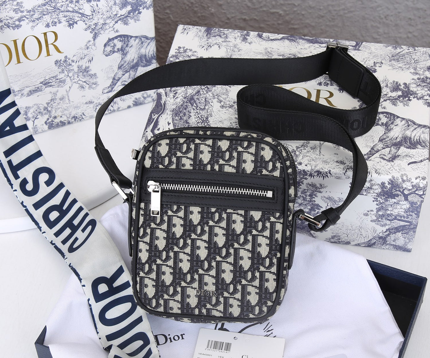 Dior Messenger Bag – Black Oblique Canvas with Black Pebbled Leather | Tiger Edition Gift Box