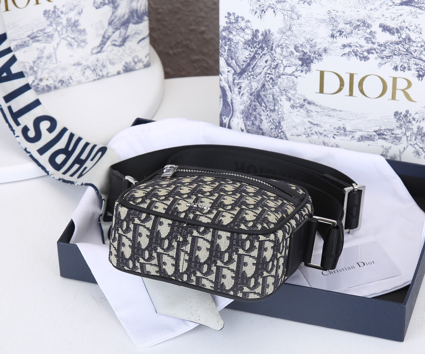 Dior Messenger Bag – Black Oblique Canvas with Black Pebbled Leather | Tiger Edition Gift Box