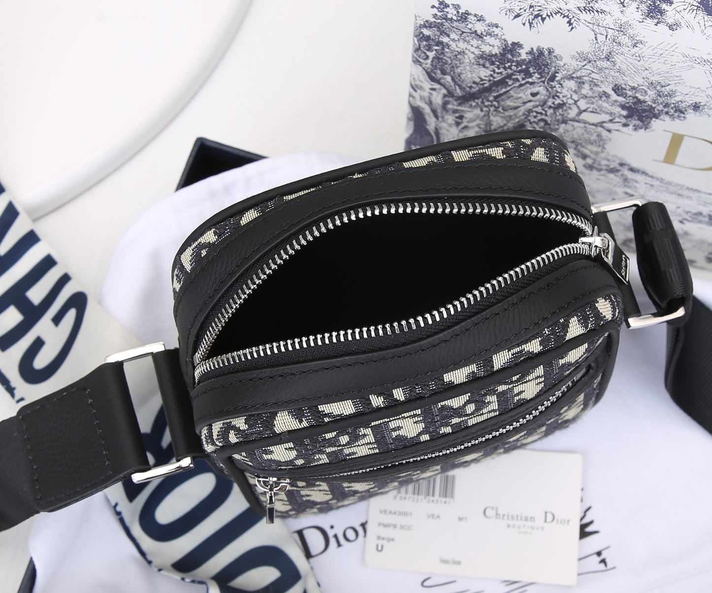 Dior Messenger Bag – Black Oblique Canvas with Black Pebbled Leather | Tiger Edition Gift Box