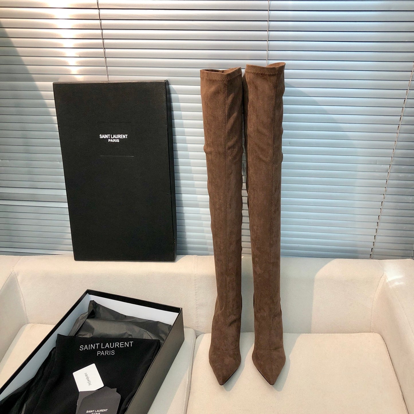 SAINT LAURENT YSL Exclusive Custom Letter Heel Pointed High Boots 1B