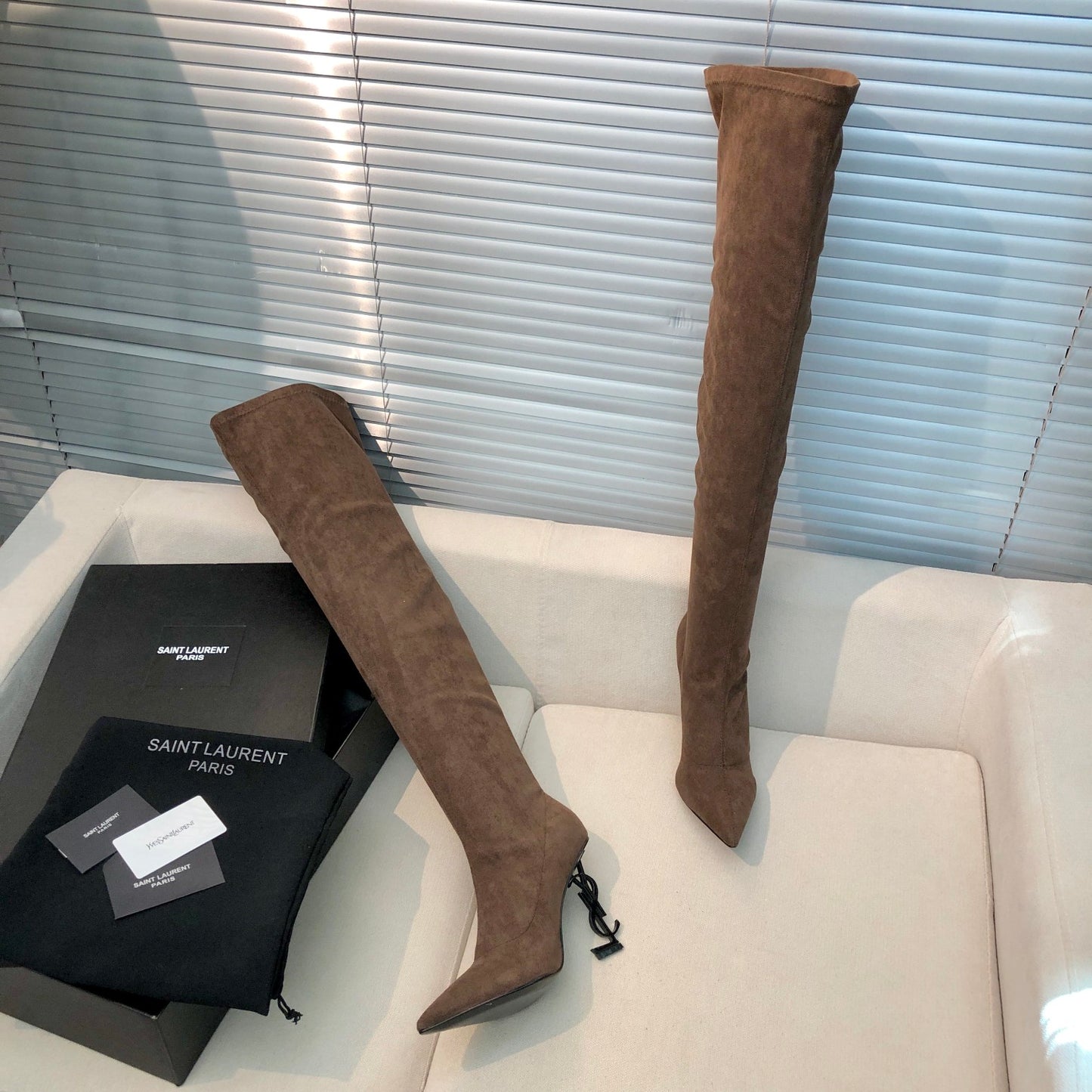 SAINT LAURENT YSL Exclusive Custom Letter Heel Pointed High Boots 1B