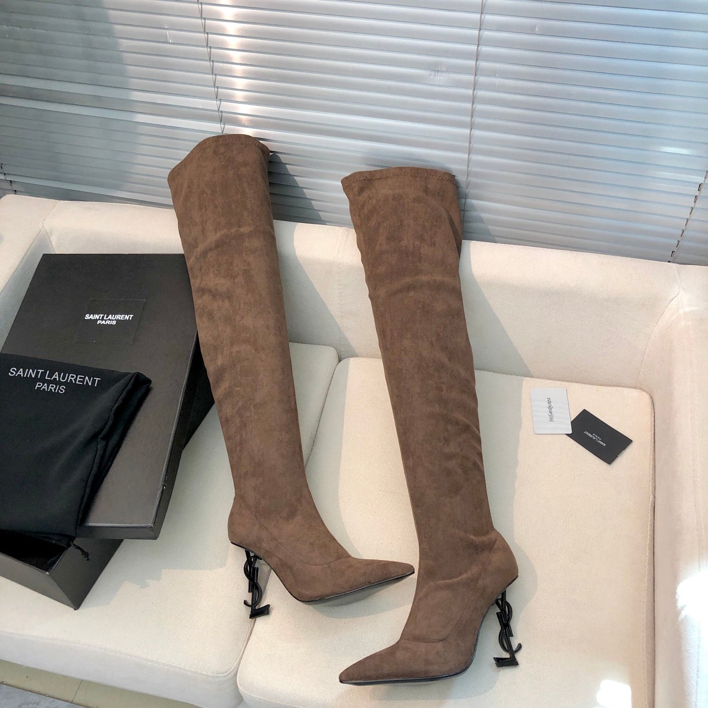 SAINT LAURENT YSL Exclusive Custom Letter Heel Pointed High Boots 1B