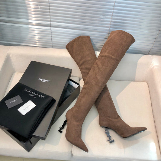 SAINT LAURENT YSL Exclusive Custom Letter Heel Pointed High Boots 1B