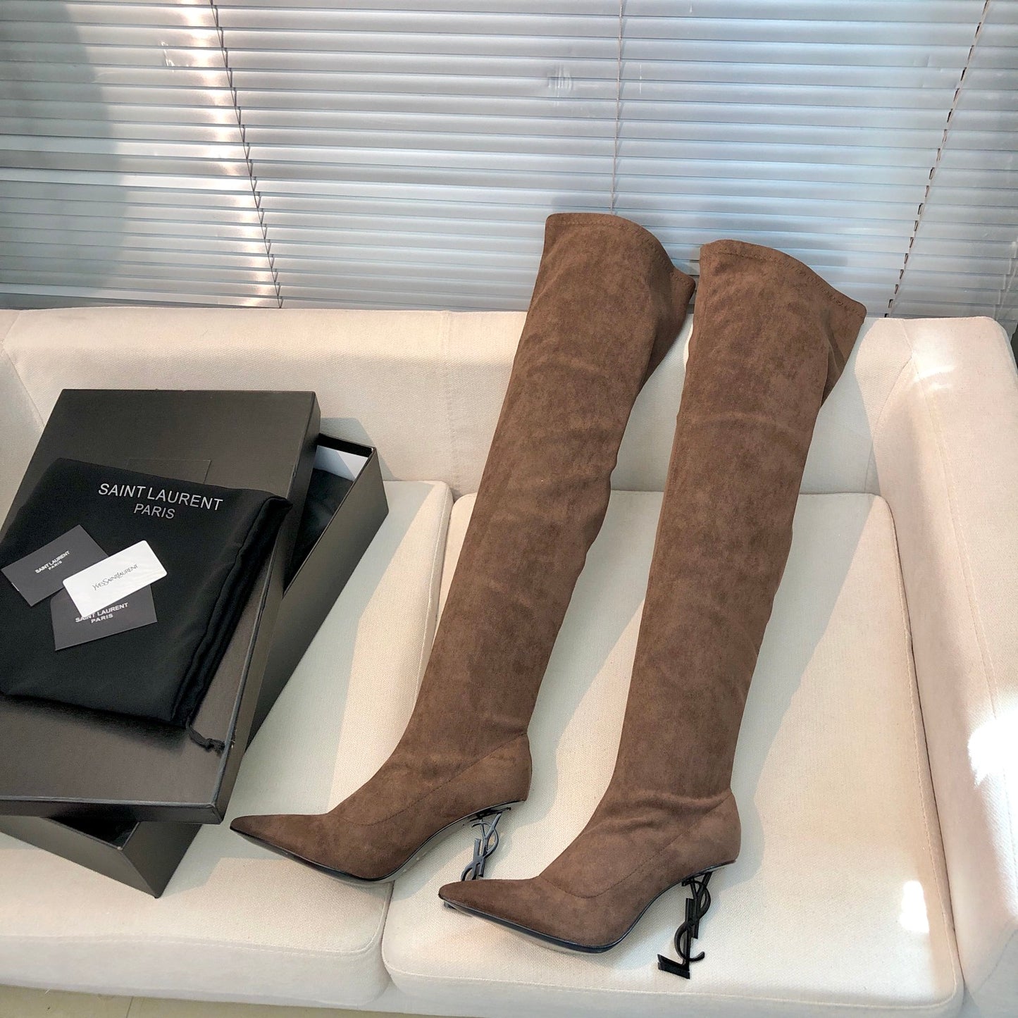 SAINT LAURENT YSL Exclusive Custom Letter Heel Pointed High Boots 1B