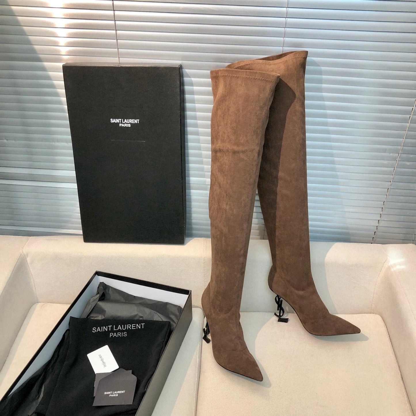 SAINT LAURENT YSL Exclusive Custom Letter Heel Pointed High Boots 1B