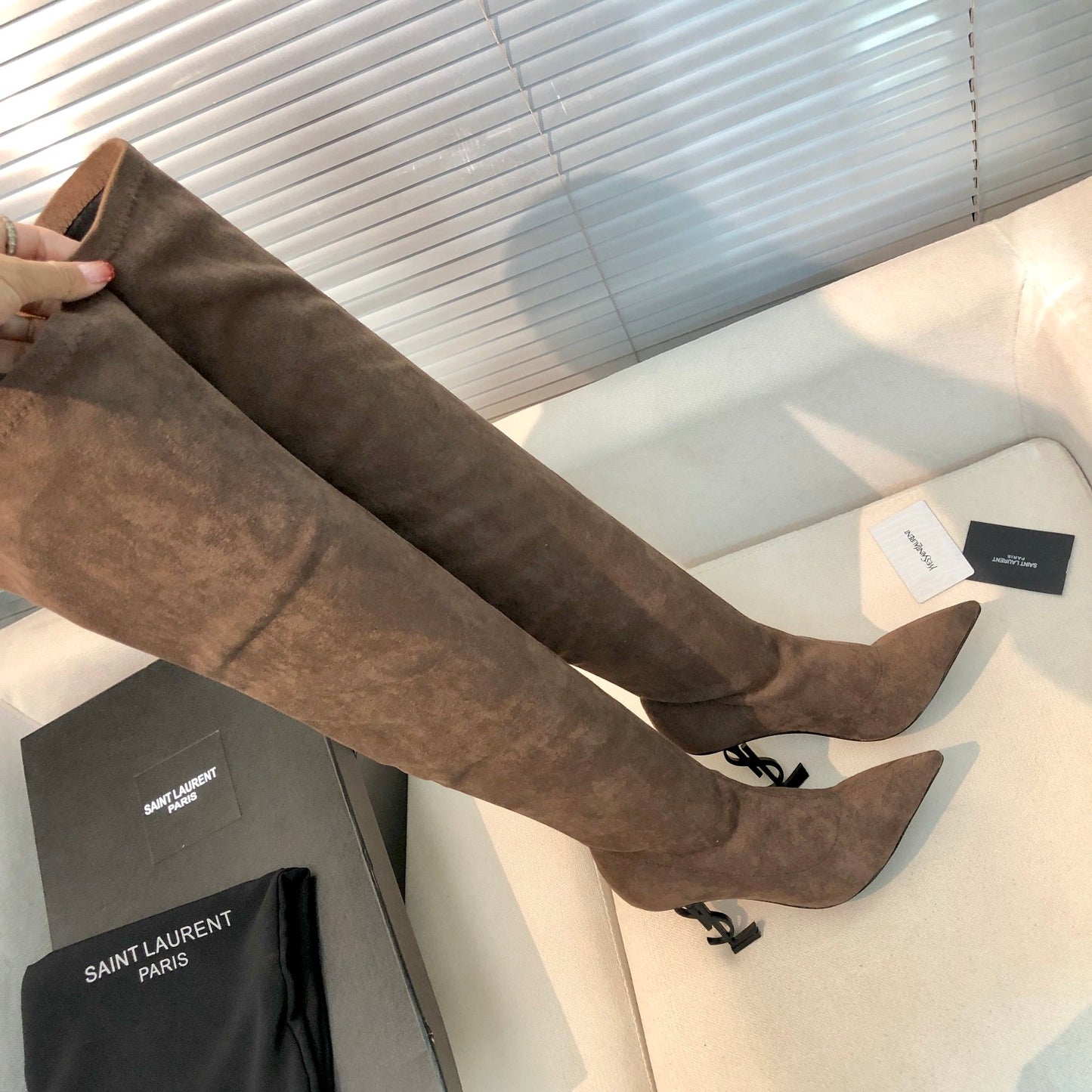 SAINT LAURENT YSL Exclusive Custom Letter Heel Pointed High Boots 1B