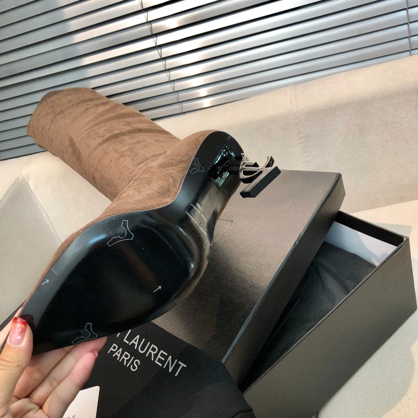SAINT LAURENT YSL Exclusive Custom Letter Heel Pointed High Boots 1B