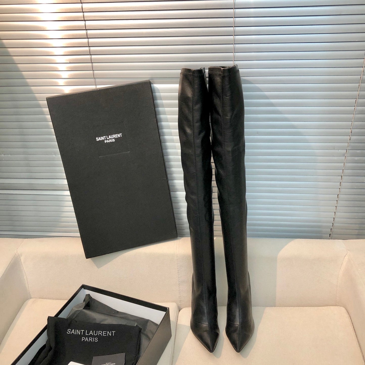 SAINT LAURENT YSL Exclusive Custom Letter Heel Pointed High Boots