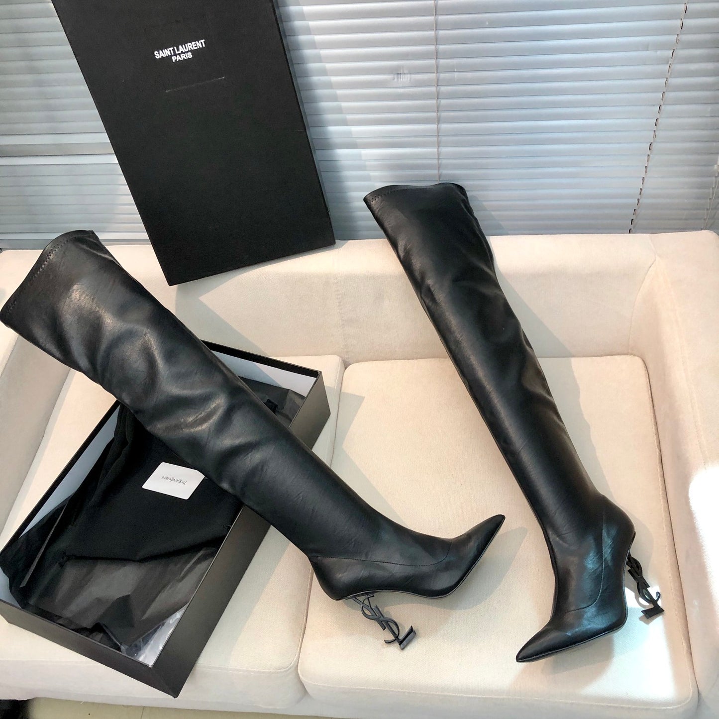 SAINT LAURENT YSL Exclusive Custom Letter Heel Pointed High Boots