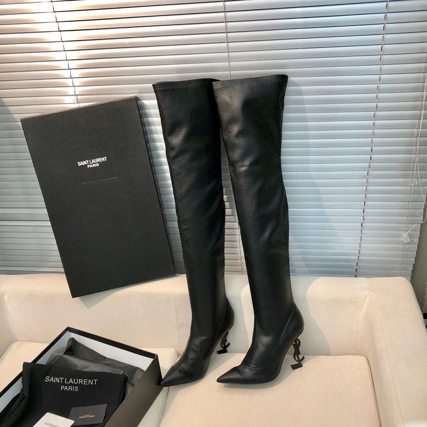 SAINT LAURENT YSL Exclusive Custom Letter Heel Pointed High Boots