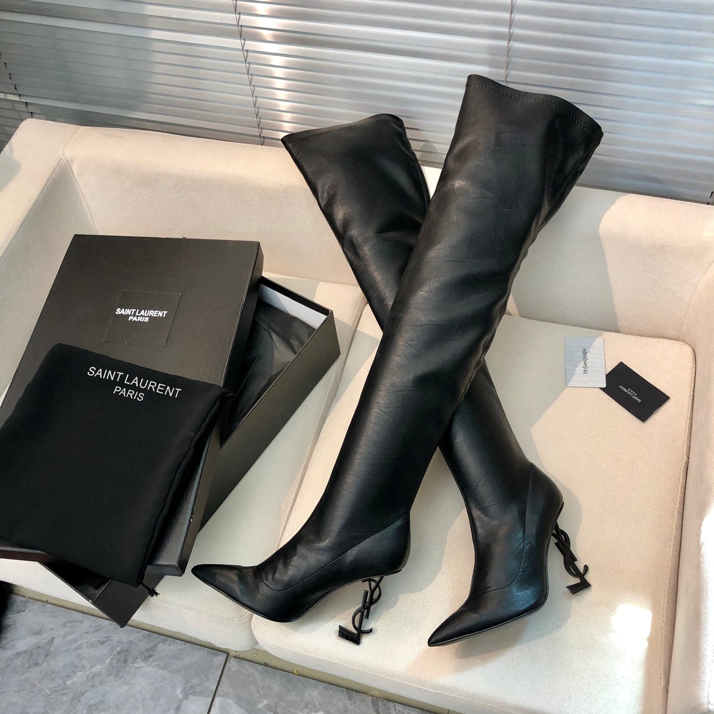 SAINT LAURENT YSL Exclusive Custom Letter Heel Pointed High Boots