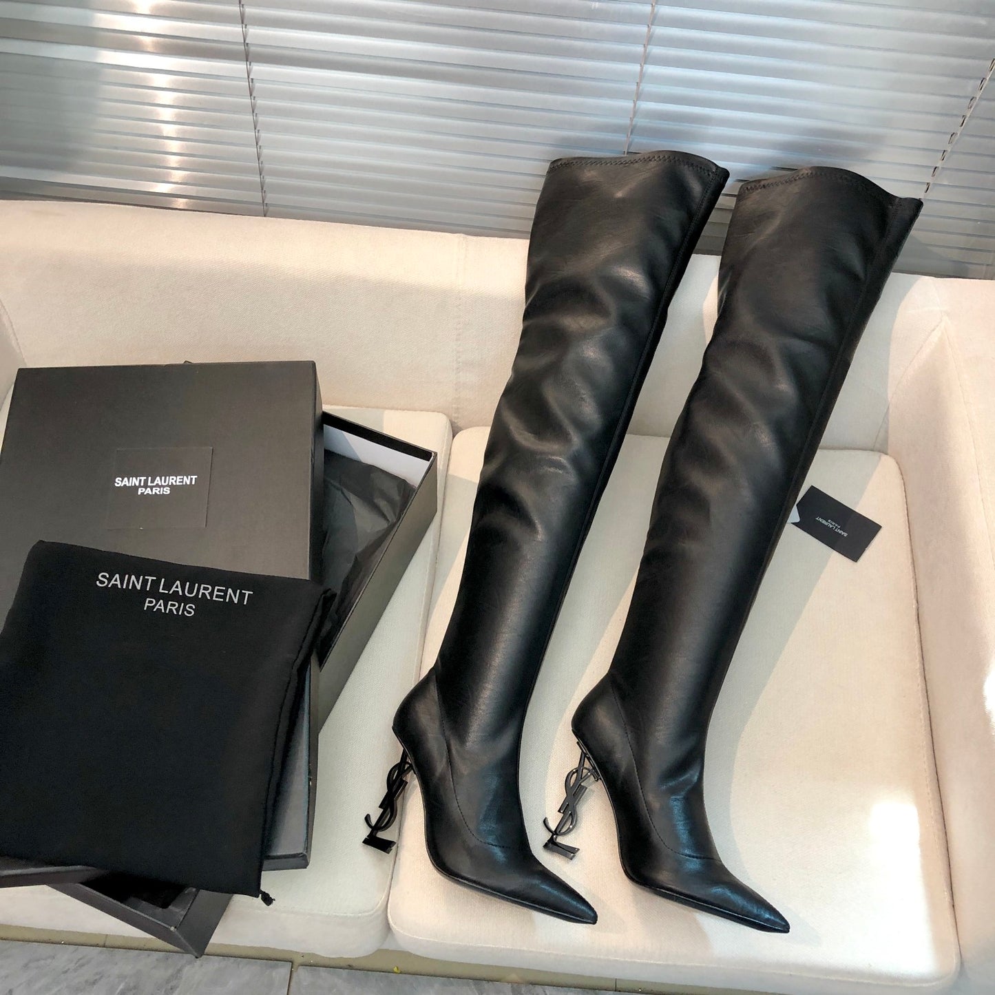 SAINT LAURENT YSL Exclusive Custom Letter Heel Pointed High Boots