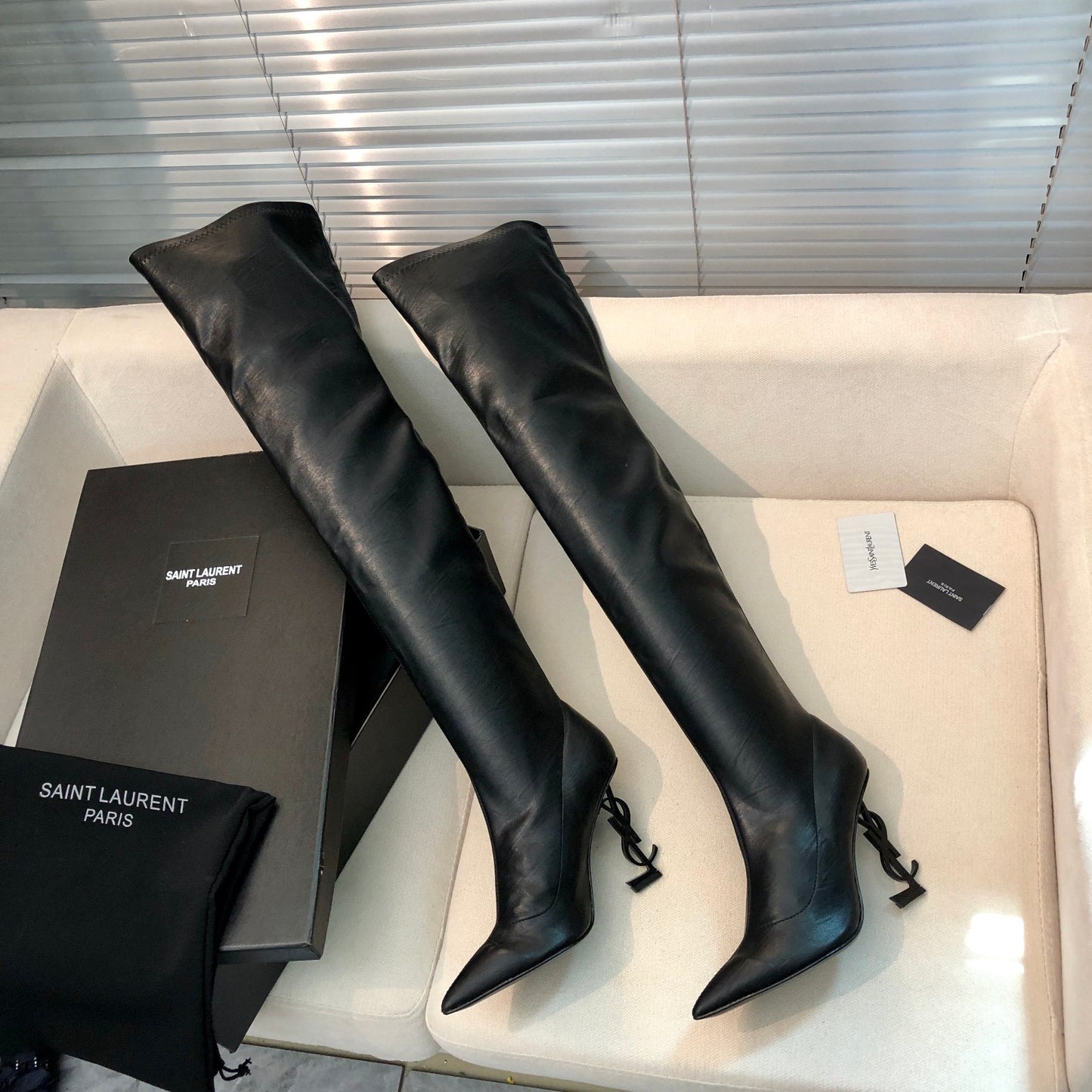 SAINT LAURENT YSL Exclusive Custom Letter Heel Pointed High Boots