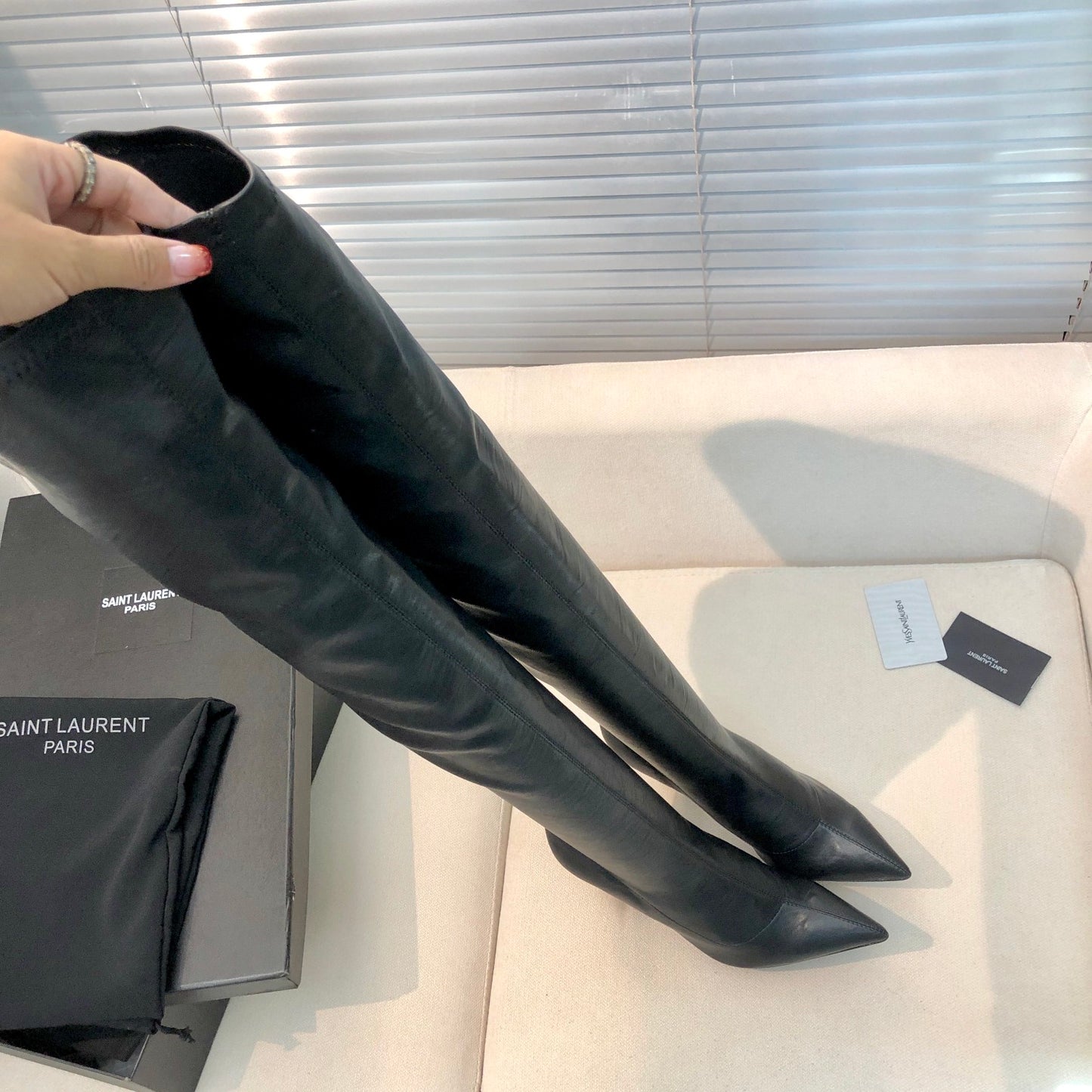 SAINT LAURENT YSL Exclusive Custom Letter Heel Pointed High Boots