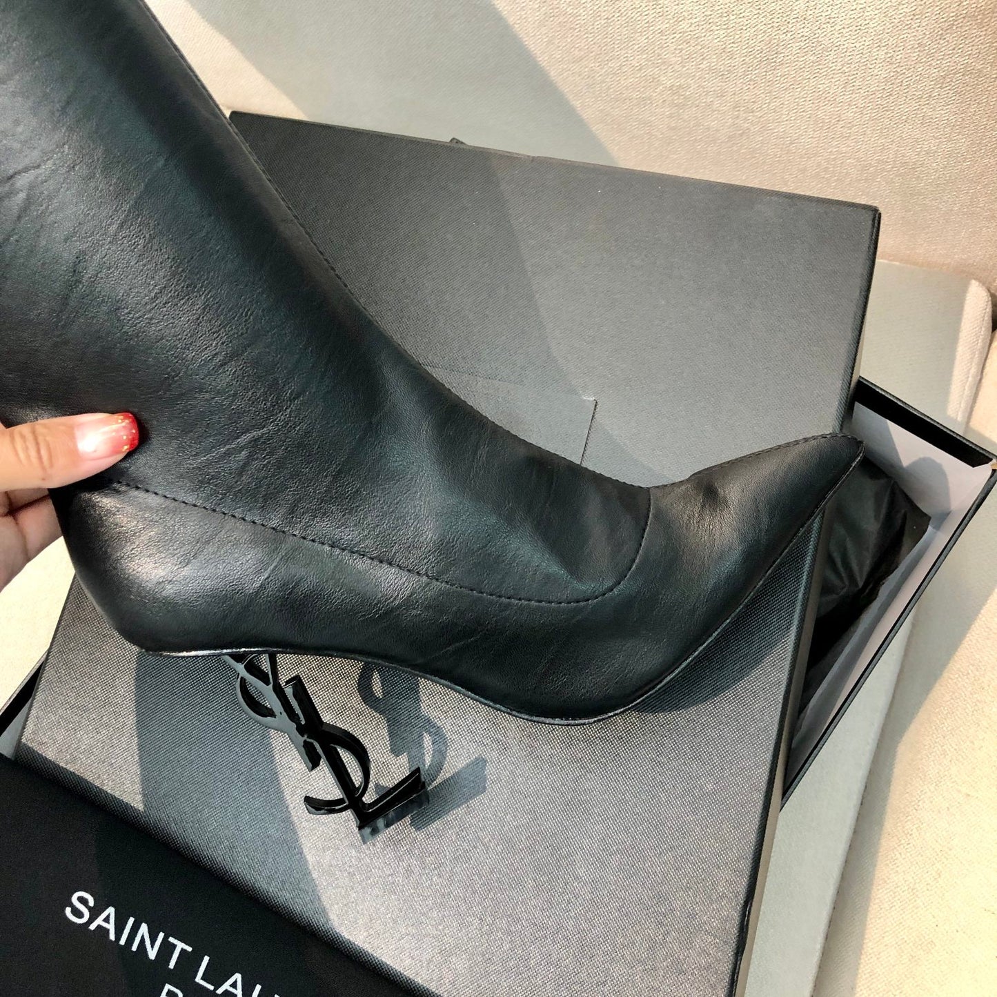 SAINT LAURENT YSL Exclusive Custom Letter Heel Pointed High Boots