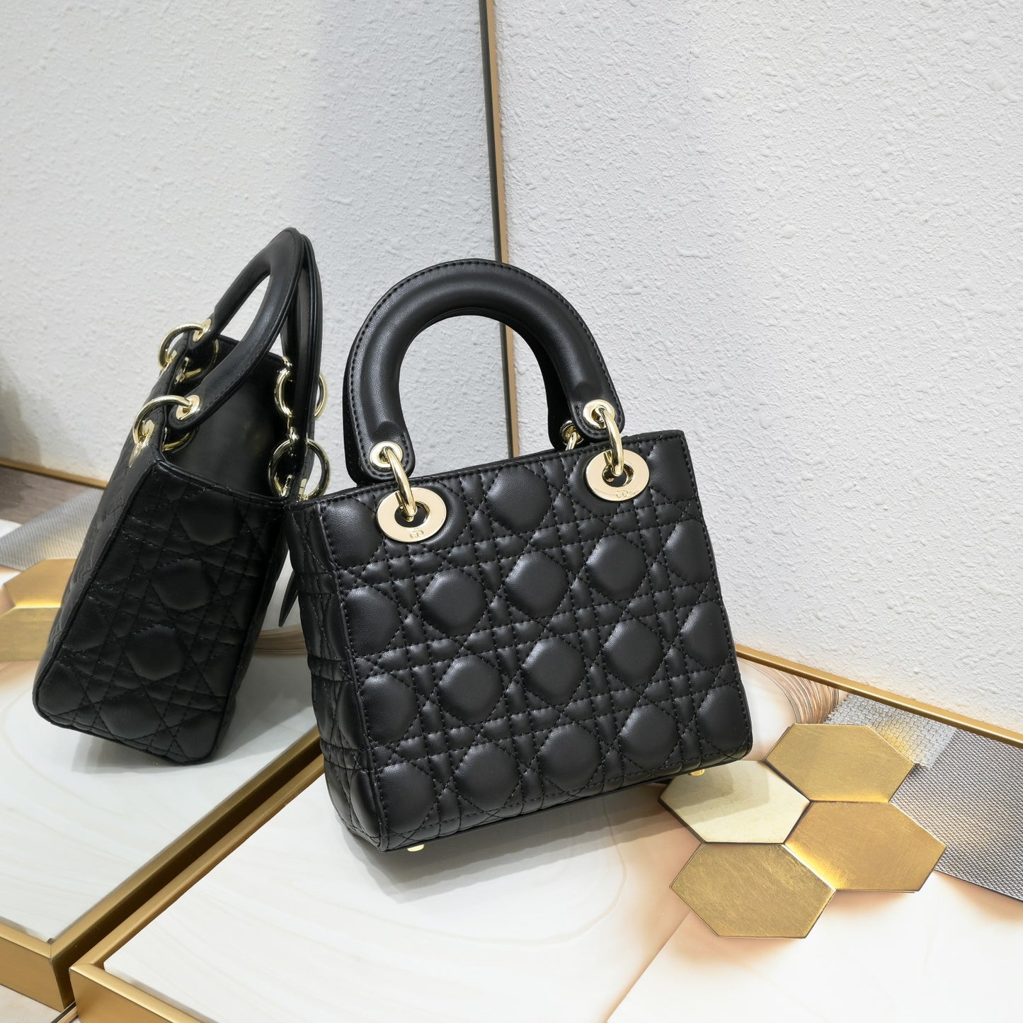 Lady ABCDior Lambskin Bag – Black, White, Pink & Gray | Cannage Quilting + Enamel Charms