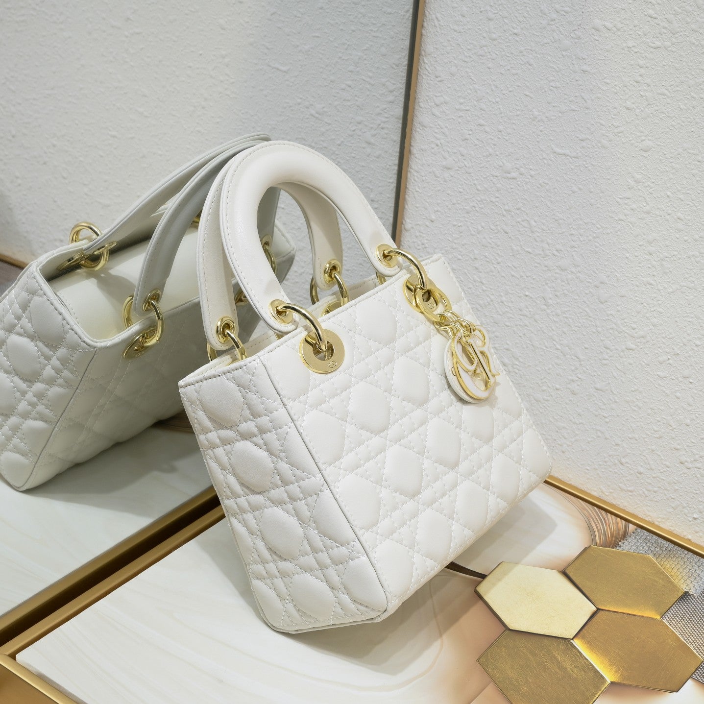 Lady ABCDior Lambskin Bag – Black, White, Pink & Gray | Cannage Quilting + Enamel Charms