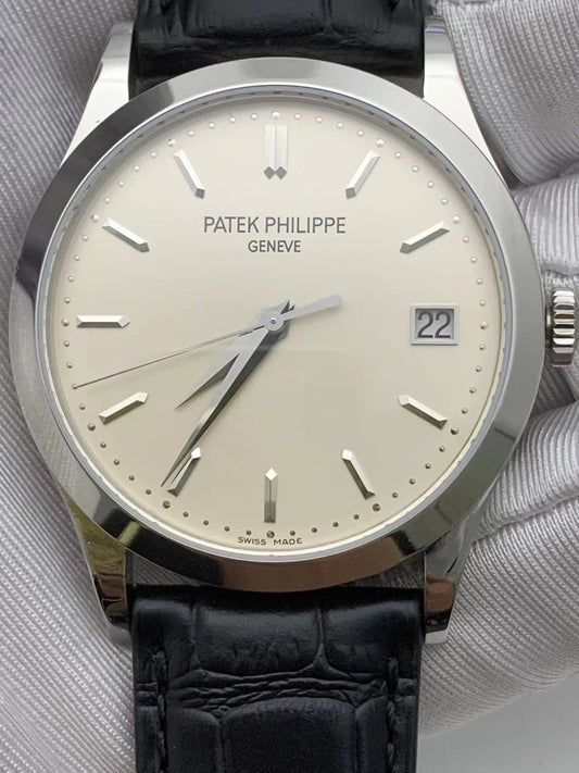 Elegant Calatrava Tribute – 38mm Ivory Dial & Black Leather Strap