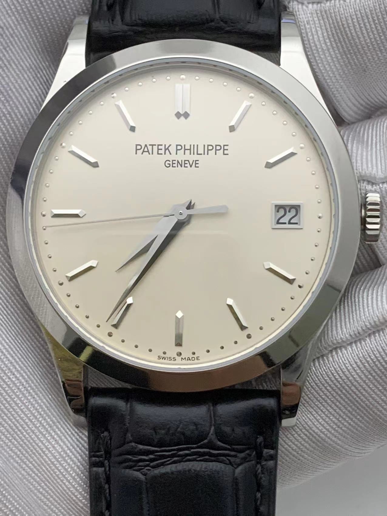 Elegant Calatrava Tribute – 38mm Ivory Dial & Black Leather Strap