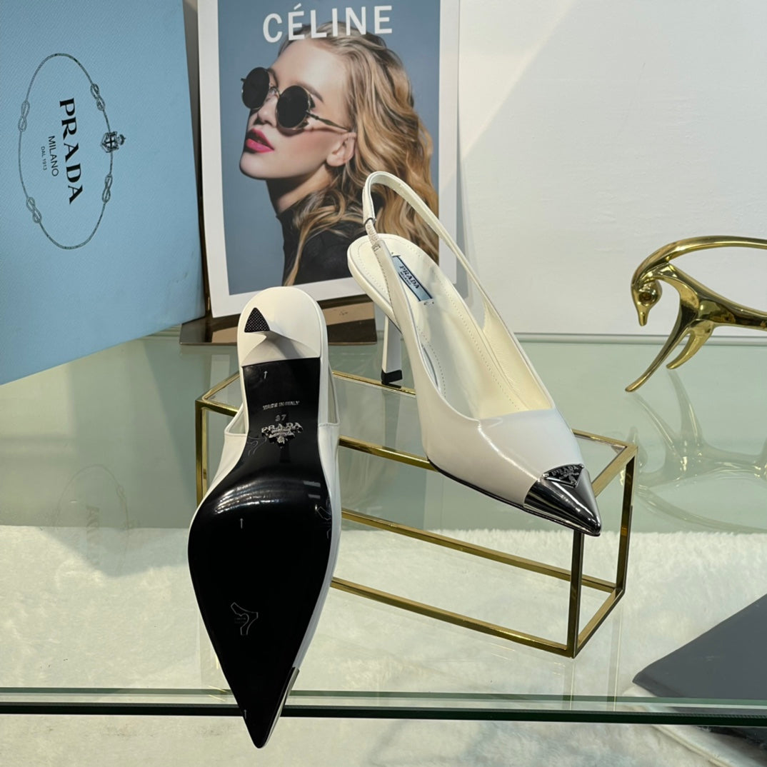 New Prada Exclusive Patent Leather Slingback Heels with Metal Toe Detail