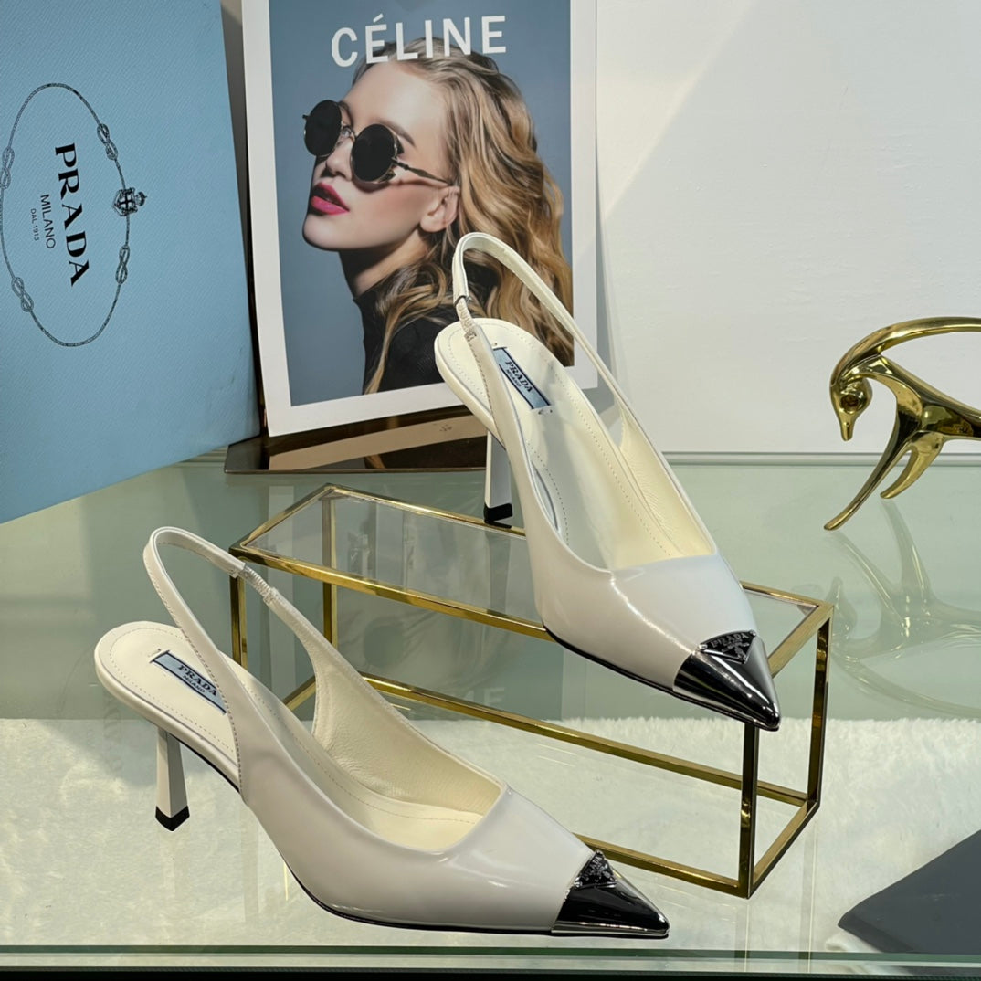 New Prada Exclusive Patent Leather Slingback Heels with Metal Toe Detail