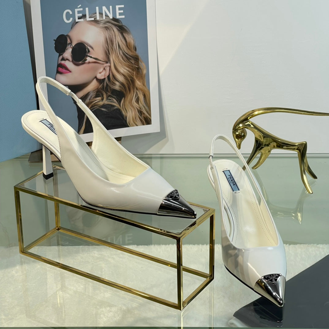New Prada Exclusive Patent Leather Slingback Heels with Metal Toe Detail