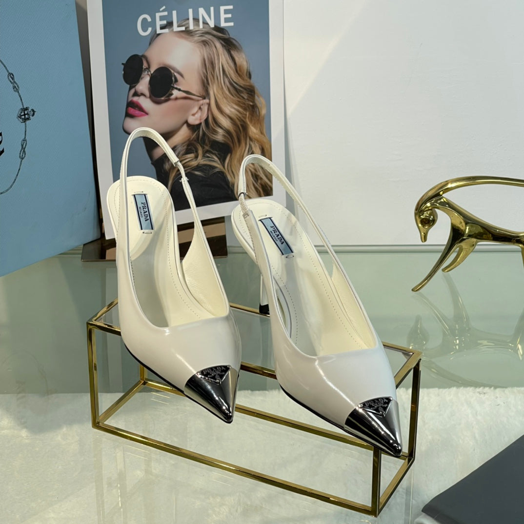 New Prada Exclusive Patent Leather Slingback Heels with Metal Toe Detail