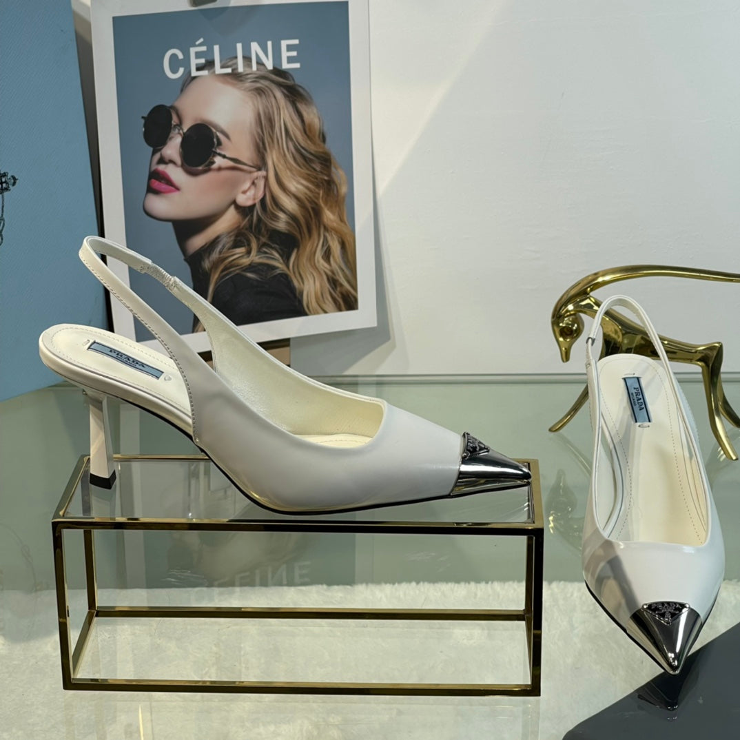 New Prada Exclusive Patent Leather Slingback Heels with Metal Toe Detail