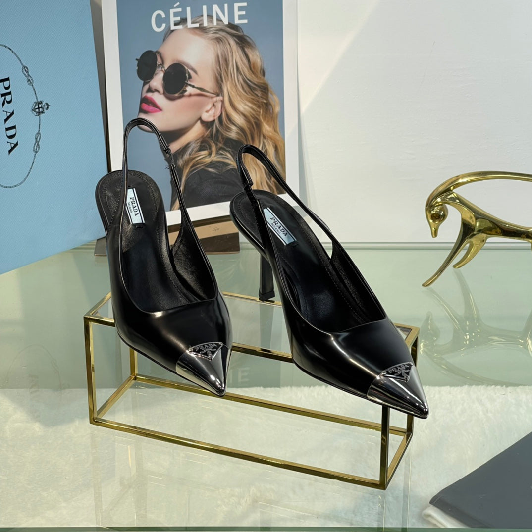New Prada Exclusive Patent Leather Slingback Heels with Metal Toe Detail