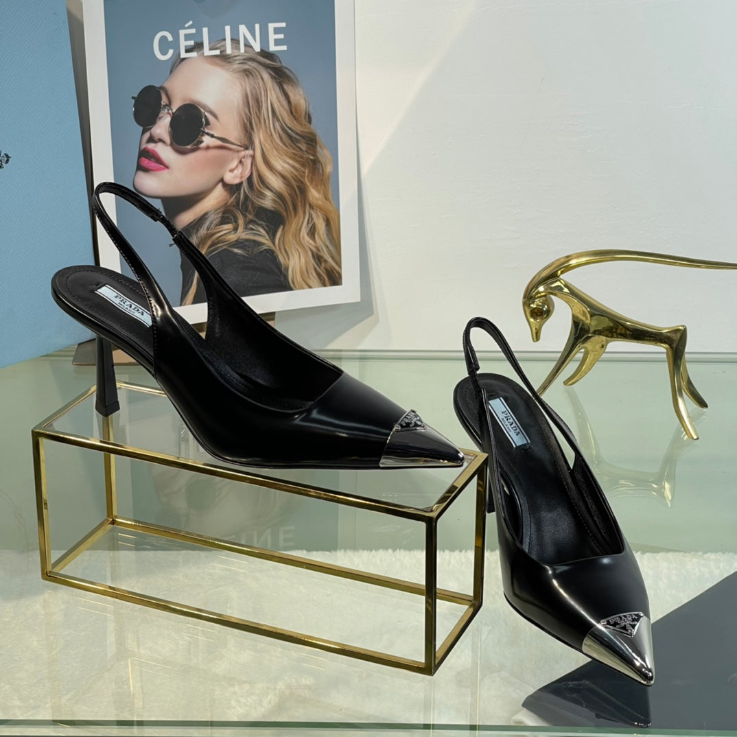 New Prada Exclusive Patent Leather Slingback Heels with Metal Toe Detail