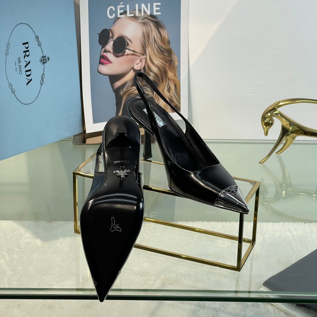 New Prada Exclusive Patent Leather Slingback Heels with Metal Toe Detail