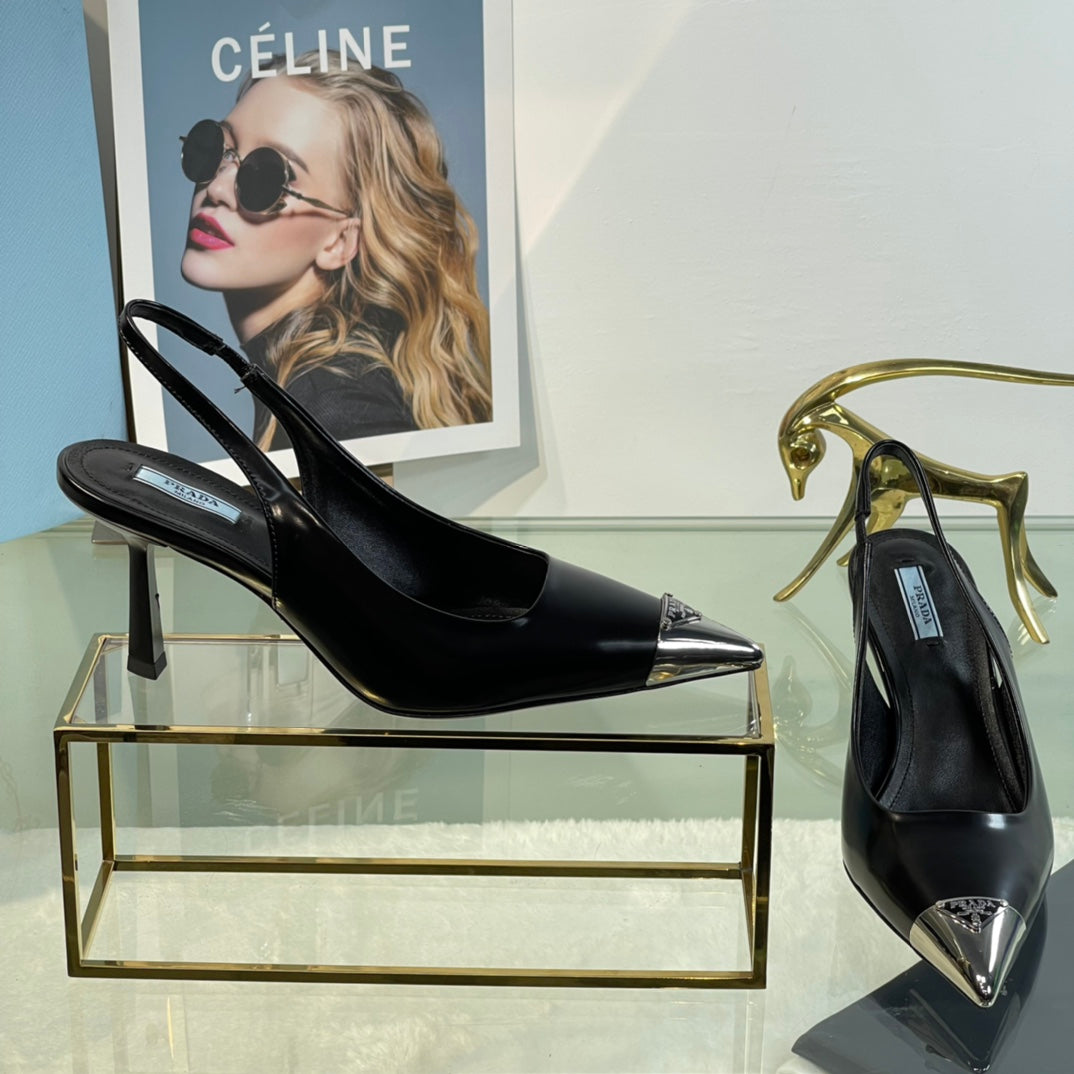 New Prada Exclusive Patent Leather Slingback Heels with Metal Toe Detail