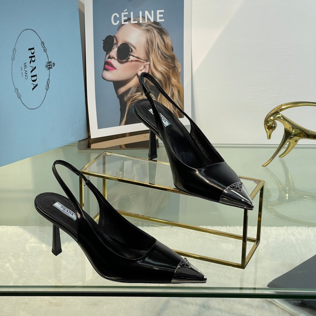 New Prada Exclusive Patent Leather Slingback Heels with Metal Toe Detail