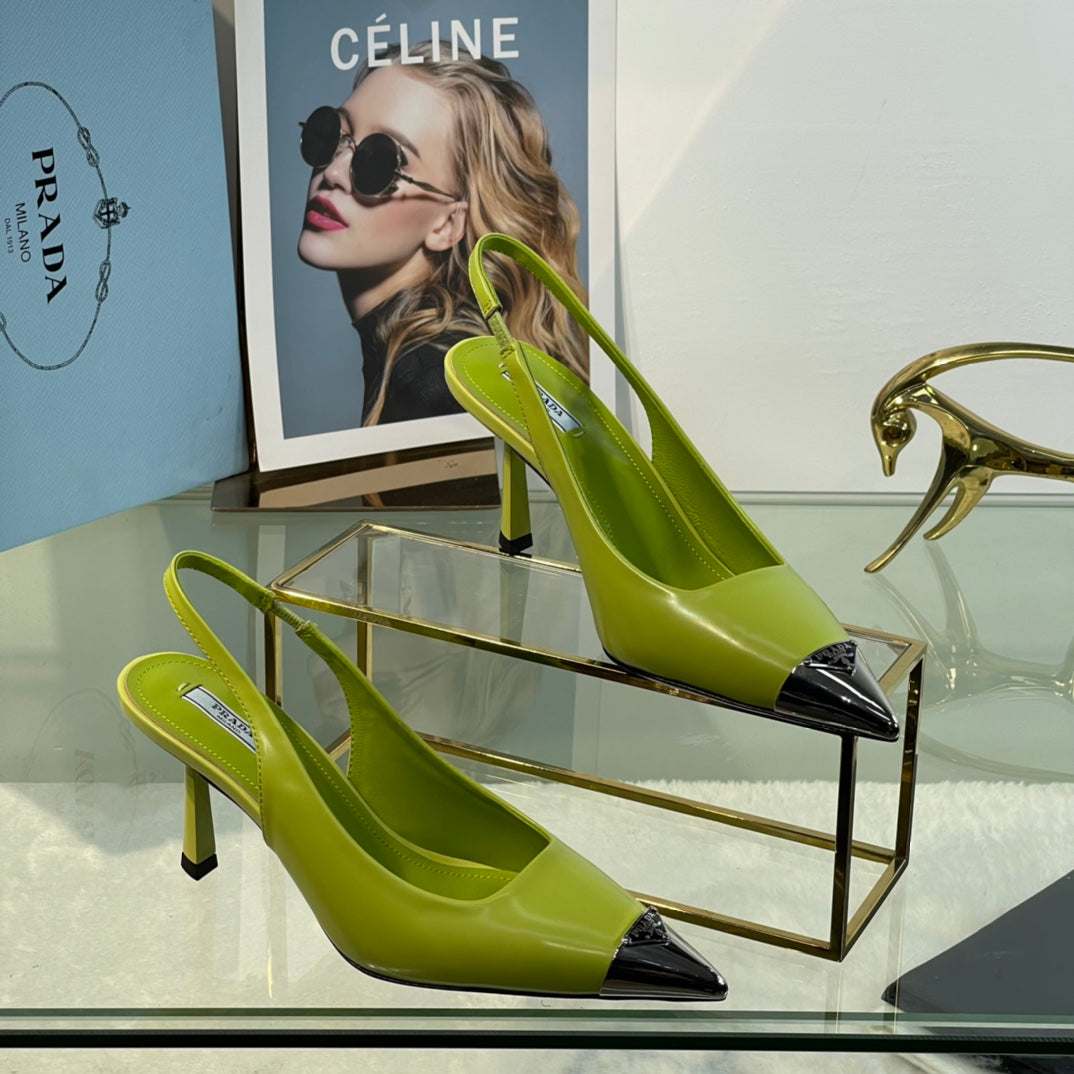 New Prada Exclusive Patent Leather Slingback Heels with Metal Toe Detail