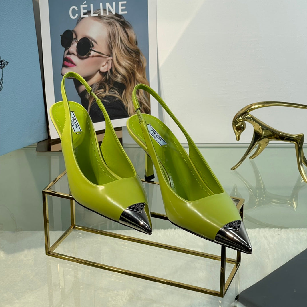 New Prada Exclusive Patent Leather Slingback Heels with Metal Toe Detail