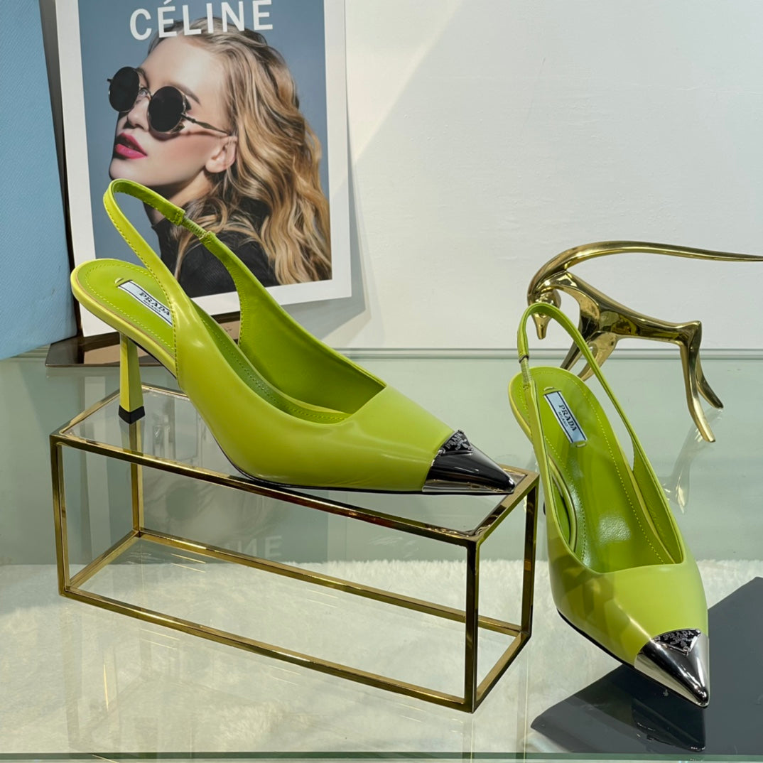 New Prada Exclusive Patent Leather Slingback Heels with Metal Toe Detail