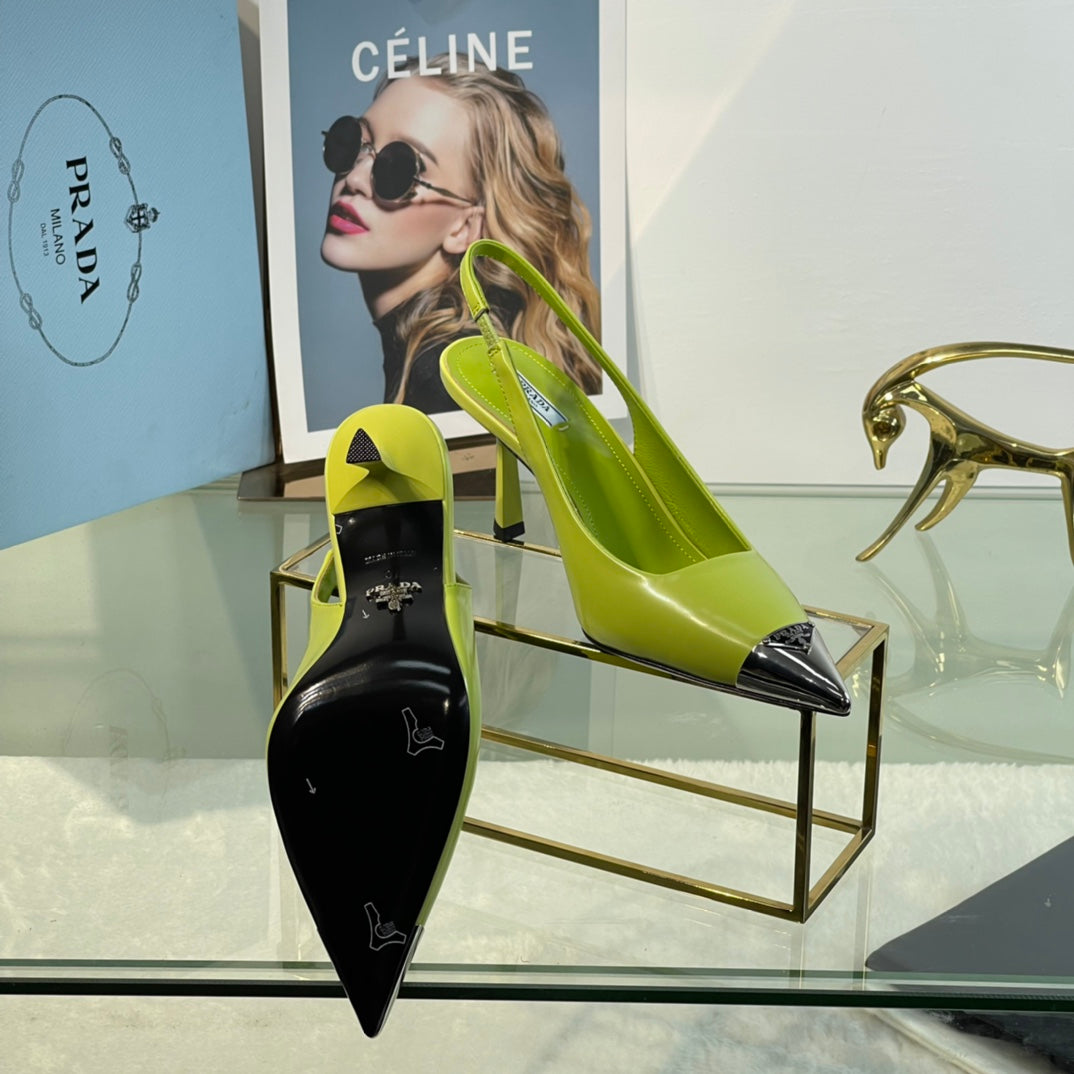 New Prada Exclusive Patent Leather Slingback Heels with Metal Toe Detail