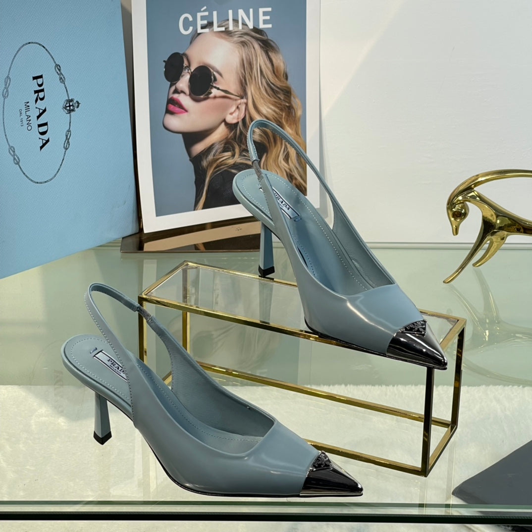 New Prada Exclusive Patent Leather Slingback Heels with Metal Toe Detail