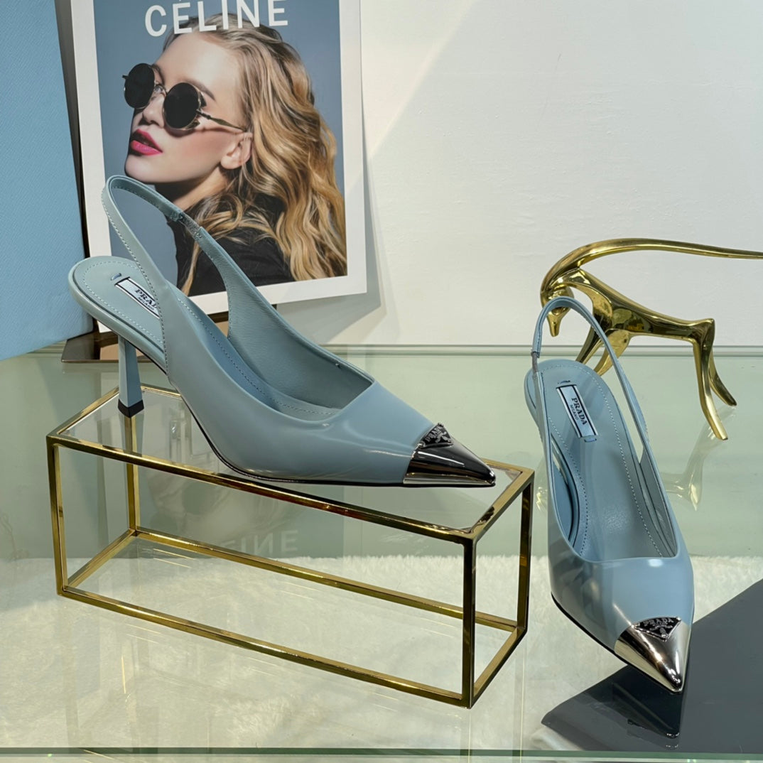 New Prada Exclusive Patent Leather Slingback Heels with Metal Toe Detail