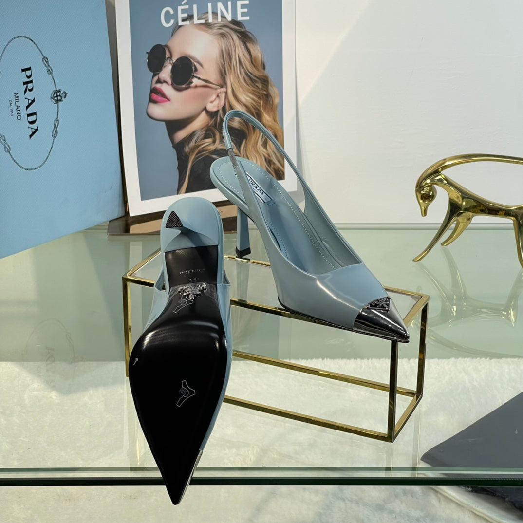 New Prada Exclusive Patent Leather Slingback Heels with Metal Toe Detail