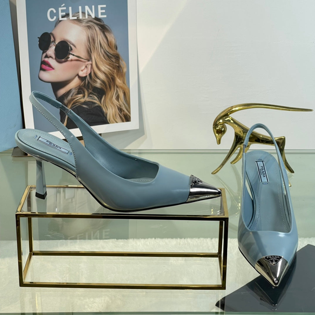 New Prada Exclusive Patent Leather Slingback Heels with Metal Toe Detail