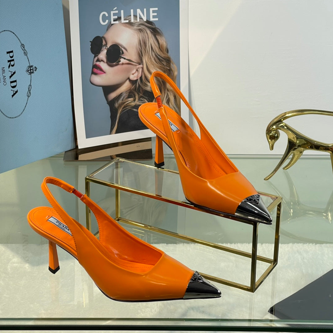 New Prada Exclusive Patent Leather Slingback Heels with Metal Toe Detail