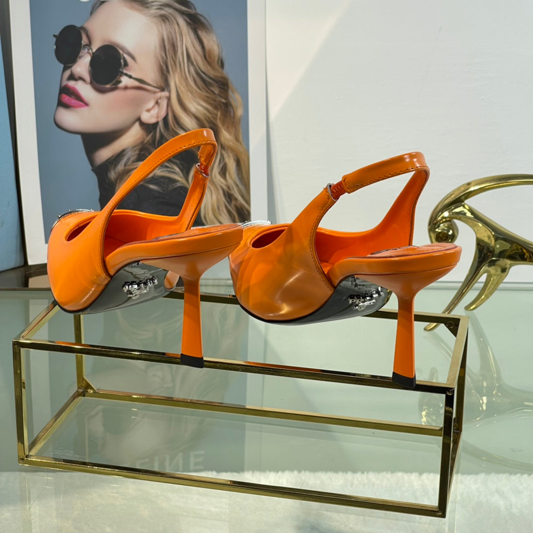 New Prada Exclusive Patent Leather Slingback Heels with Metal Toe Detail