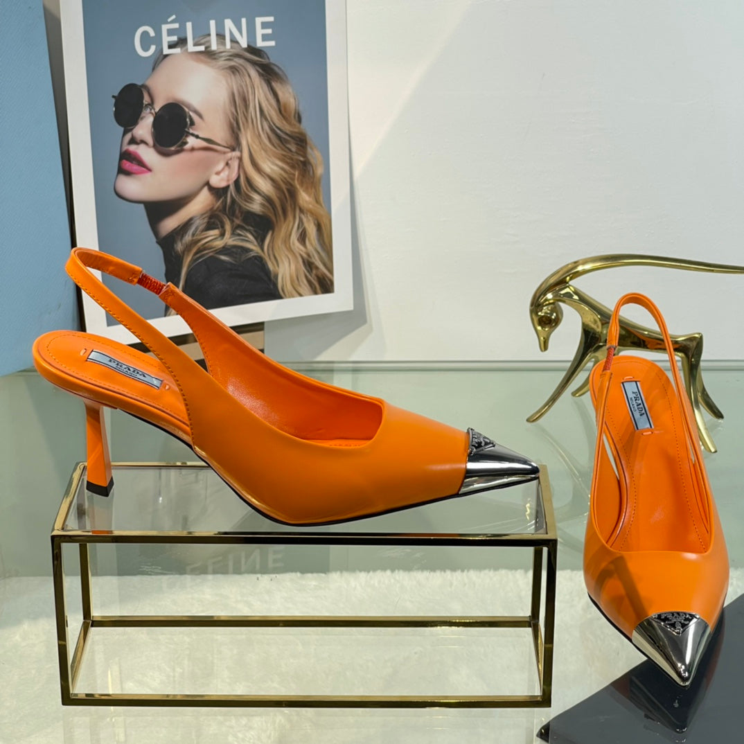 New Prada Exclusive Patent Leather Slingback Heels with Metal Toe Detail